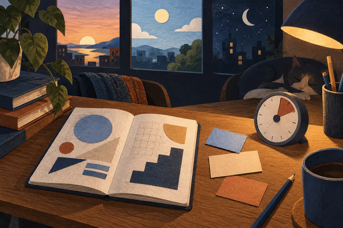 Ilustracja zeszytu, kart powtórek i minutnika na tle symbolicznych pór dnia.