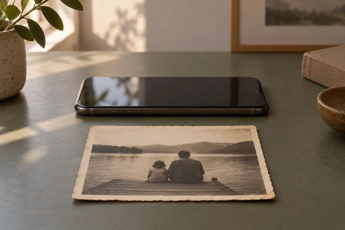 Ilustracja telefonu nad starą fotografią na stole oświetlonym rozproszonym światłem z okna